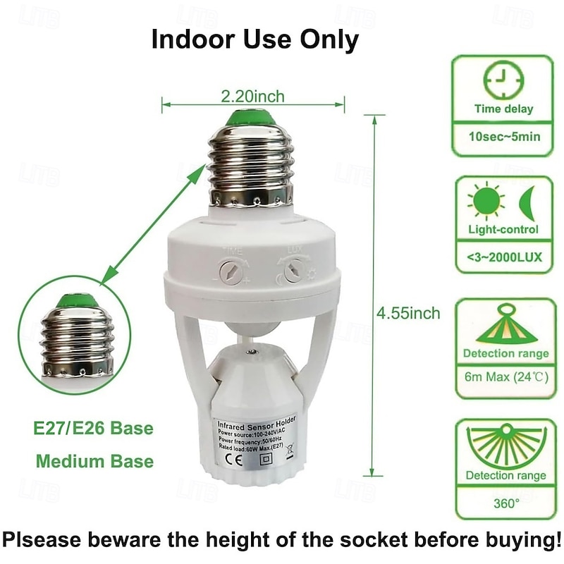 Motion Sensor Light Socket E26/E27 Smart Lamp Bulb Holder Adapter Auto On/Off Light Control Suitable for Garage Basement Porch Storage Room3