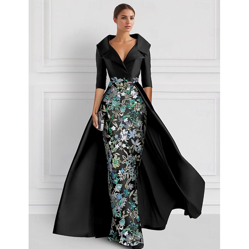 Embroidered Ball Gown A-Line Evening Gown Elegant Dress Formal Wedding Floor Length Half Sleeve Shirt Collar Satin with Slit Appliques 8