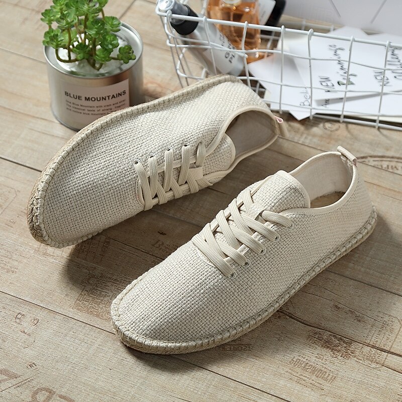 Men's Beige Canvas Lace-Up Espadrille Shoes with Jute Rope Sole – Comfortable Summer Casual Footwear3