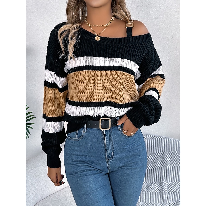 Women's Sweater Casual Soft Striped Ribbed One Shoulder Knitted Cold Shoulder Long Sleeve Regular Tops Knit Outdoor Daily Weekend Orange Khaki Fall Winter3