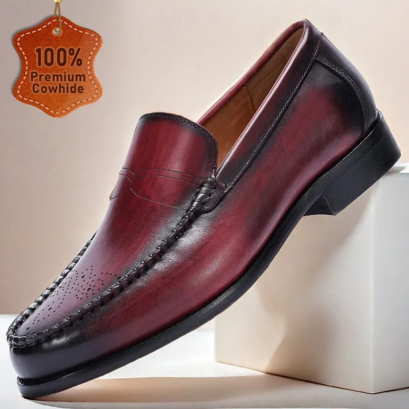 Stylish Burgundy Leather Loafers with Hand-Stitched Brogue Detail for Men | Perfect for Casual and Business Casual