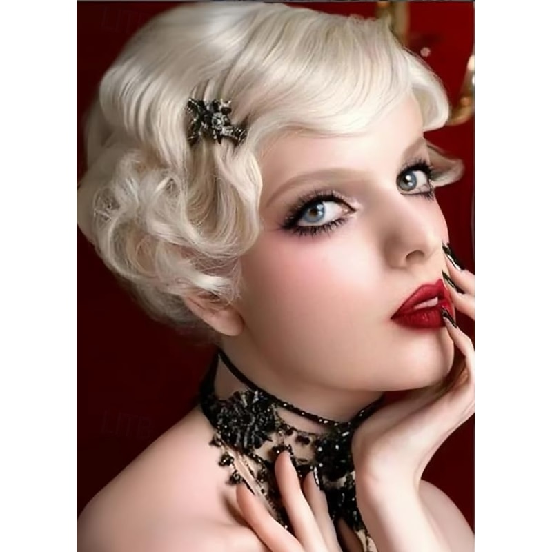 Short Blonde Finger Wave Wig for Women 1920s Curly Synthetic Flapper Wig Heat Resistant Side Part Vintage Cosplay Costume Hair Wig Halloween Wigs2