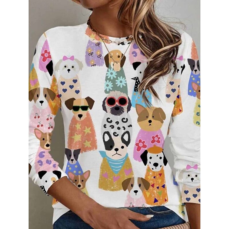 Women's T shirt Crew Neck Long Sleeve Tunic Cat Dog Casual  Regular Tops Daily Print White Spring Fall3