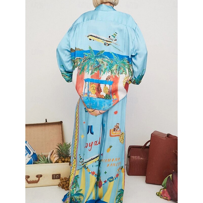 Women's Fashion Streetwear Daily Shirt Blouse Wide Leg Pants Long Sleeve Shirt Collar Graphic Print Casual Daily Blue Fall Regular Fit2