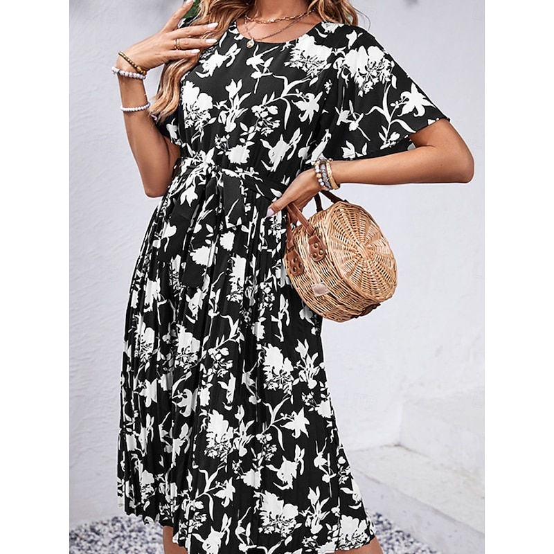 Women's Midi Dress Casual Dress Swing Dress A Line Dress Stylish Casual Vacation Daily Regular Fit Floral Short Sleeve Crew Neck Black Red Spring Fall4