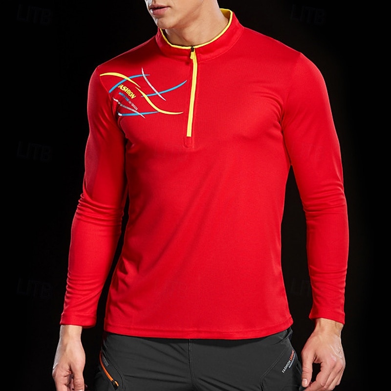 Men's T shirt Hiking Tee shirt Long Sleeve Quarter Zip Tee Tshirt Muscle T-Shirt Bodybuilding Stretch Tee Outdoor Quick Dry Workout Soft Sweat wicking Polyester Red Blue Orange Gym Climbing Camping3