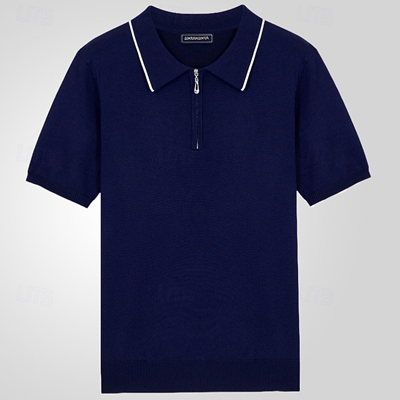 Men's Quarter Zip Polo Golf Shirt Casual Sports Lapel Short Sleeve Fashion Basic Color Block Patchwork Quarter Zip Summer Black Navy Blue Green Quarter Zip Polo4