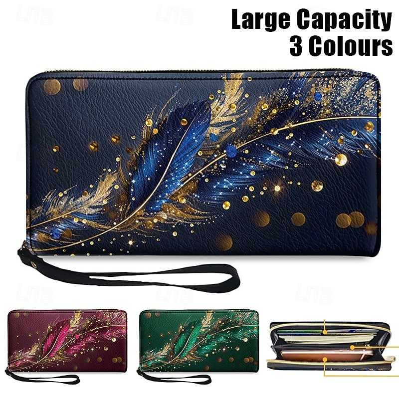 Women's Large Capacity Wallet with Gilded Feather Print, Zipper Closure, Wristlet and Multiple Card Slots - Stylish and Practical for Daily Use, Travel and Gift Giving Red Blue Green2