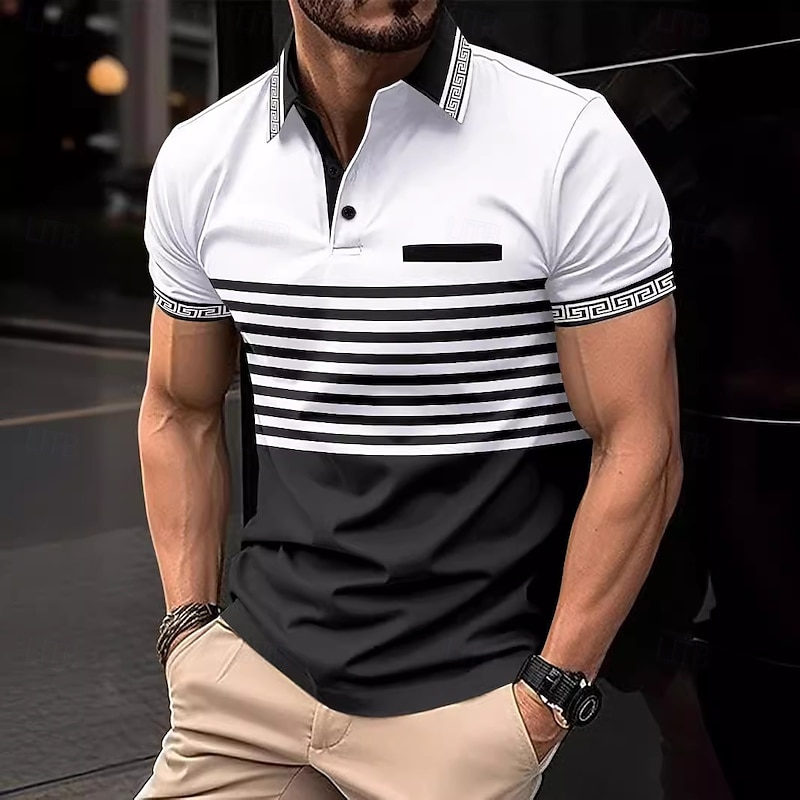 Men's Polo Shirts Golf Shirt Business Classic Short Sleeve Color Block Striped Buttons Spring & Summer Sillver Gray White Pink Red Dark Gray Orange Polo Shirts