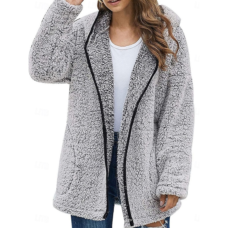 Women's Winter Coat Winter Jacket Fleece Jacket Outdoor Street Daily Fall Winter Regular Coat Regular Fit Warm Breathable Comtemporary Stylish Jacket Long Sleeve Solid Color Oversize Black Light Grey2