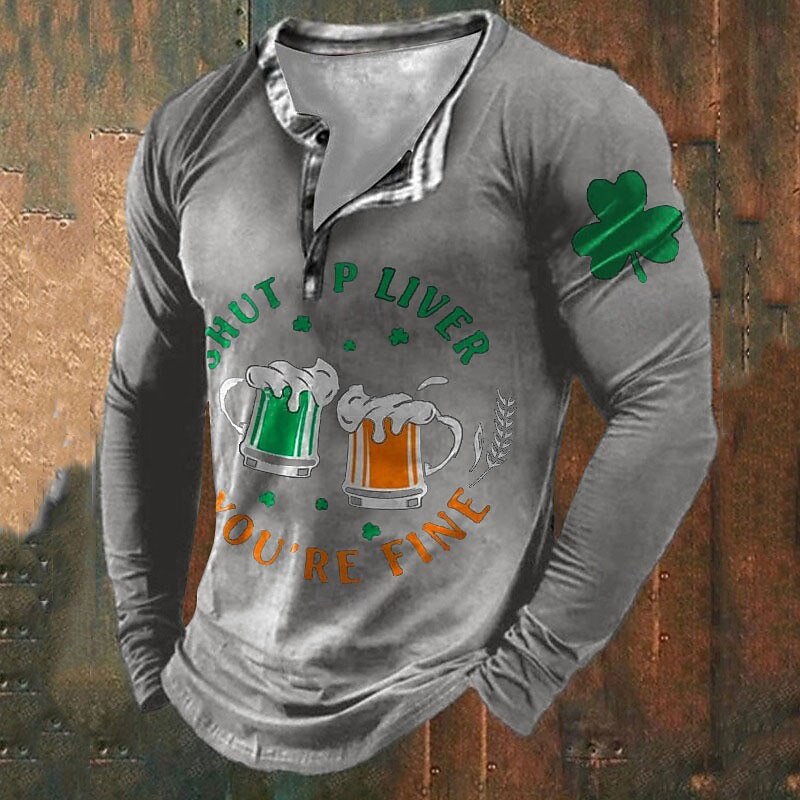 Men's St. Patrick Graphic Shamrock Beer T Shirt T shirt Tee Tee Top Long Sleeve 3D Print Fashion Designer Basic Vacation Street Going out Spring &  Fall Black Green Coffee Gray Henley Henley T-Shirt4