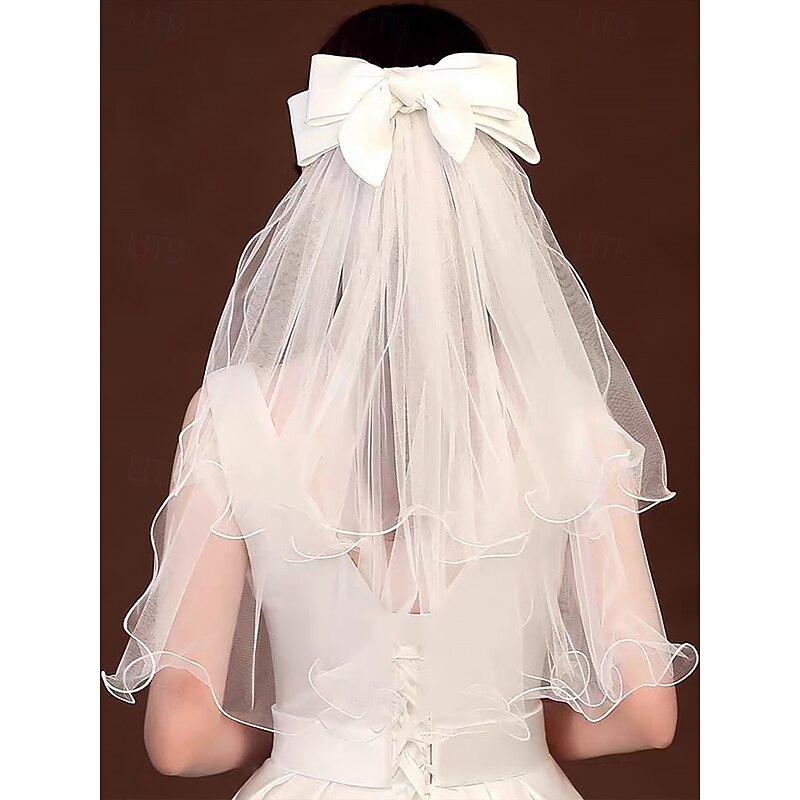 Elegant Ivory Bridal Veil with Satin Ribbon - Soft Tulle and Satin Trim Perfect for a Dreamy Wedding3