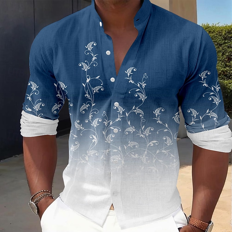 Men's Floral Casual Shirt Button Up Shirt Long Sleeve Casual Resort Vacation Casual Spring Fall Standing Collar Button Up Pink Blue Green
