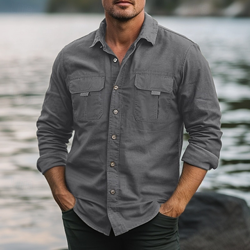 Men's Shirt Work Shirt Button Up Shirt Cargo Shirt Black Green khaki Light Grey Long Sleeve Plain Lapel Vacation Holiday Front Pocket Clothing Apparel Fashion Casual Comfortable2