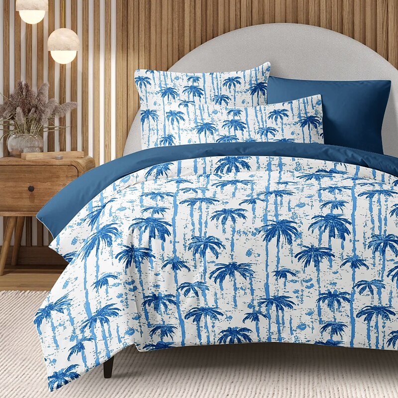 Tropical Sunset Palm Tree Duvet Cover Set, Soft Microfiber Bedding, Fade-Resistant, Includes Duvet Cover and Pillowcases, Tropical Beach Theme, Machine Washable, Queen, King, Twin Sizes