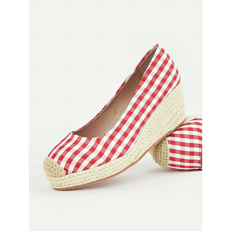 Women's Red Gingham Espadrille Wedge Heels with Crochet Toe Cap, Vintage Style Summer Shoes for Casual and Vacation Wear3