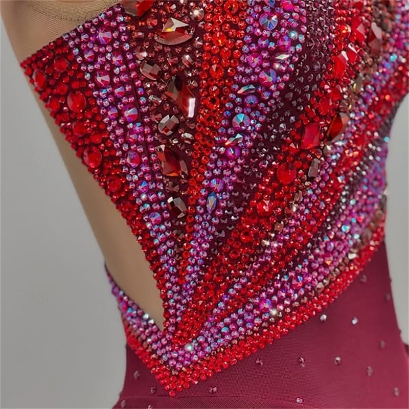 Figure Skating Dress Women's Girls' Ice Skating Dress Red Asymmetric Hem Mesh High Elasticity Training Competition Skating Wear Classic Crystal / Rhinestone Sleeveless Ice Skating Figure Skating4