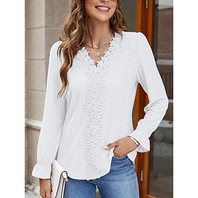 Women's Shirt Blouse Solid Color Basic Casual Long Sleeve V Neck Regular Tops Daily Lace Patchwork White Pink Green Spring Fall2
