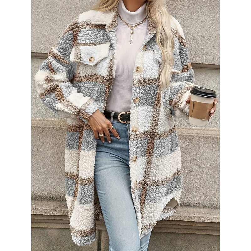 Women's Winter Coat Winter Jacket Fleece Jacket Sherpa Jacket Outdoor Street Daily Fall Winter Regular Coat Regular Fit Warm Breathable Comtemporary Stylish Jacket Long Sleeve Stripes and Plaid with4