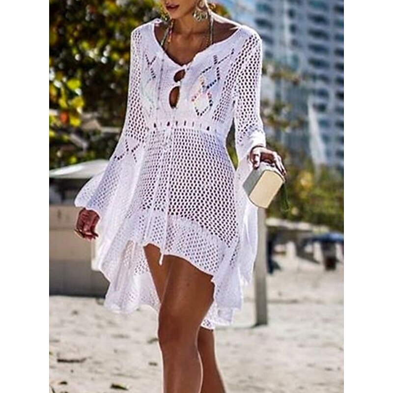Women's Swimwear Cover Up Beach Dresses Swimsuit High Waist Slim Vacation Beach Wear Solid Color V Neck Long Sleeve2