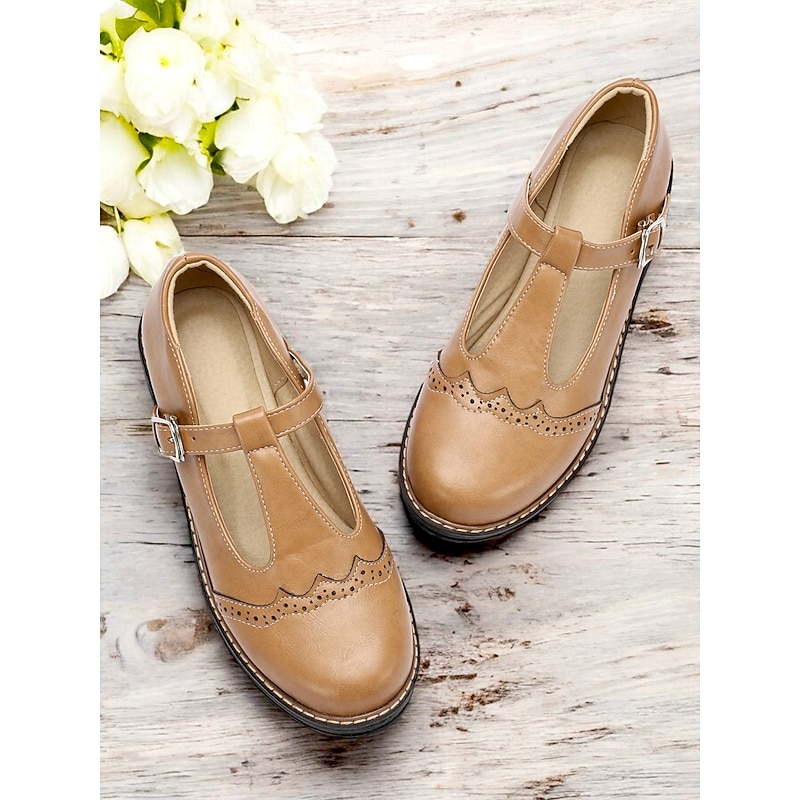 Women's Tan Faux Leather T-Strap Mary Jane Shoes with Brogue Detailing, Rugged Sole for Comfortable Daily Wear and Vintage Style Outfits3