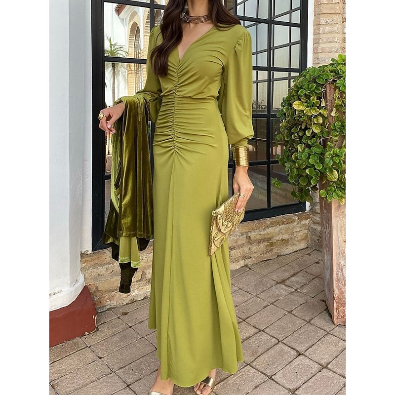 Women's Maxi Dress Bodycon Emerald Green Dress Elegant Wedding Guest Date Regular Fit Plain Long Sleeve V Neck Green Summer Spring4