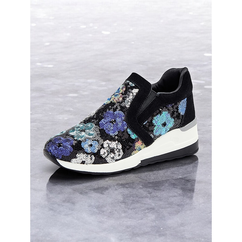 Women's Floral Sequin Slip-On Sneakers - Comfortable Glitter Casual Shoes with Wedge Sole, Perfect for Walking or Party Wear
