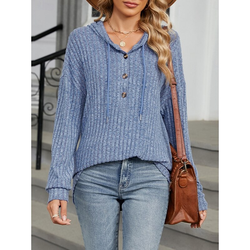Women's Texture Sweatshirt Pullover Hoodie Sweatshirt Plain Casual Long Sleeve Hooded Regular Tops Street Dailywear Buttons Blue Fuchsia Gray Spring Fall2