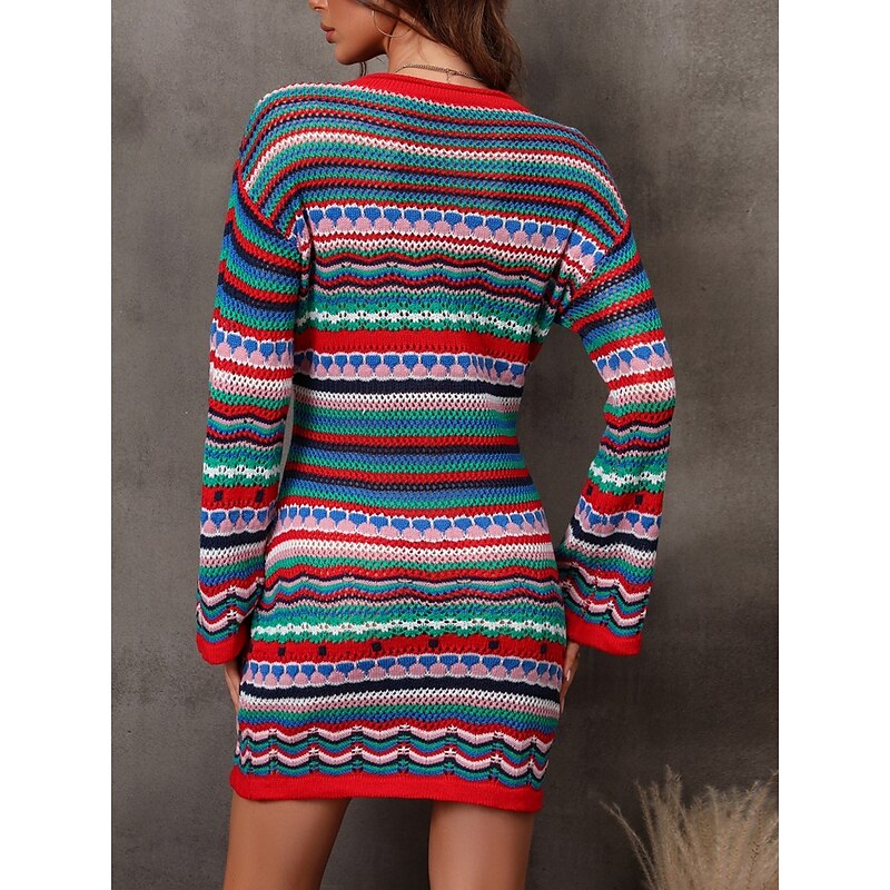 Women's Sweater Sweater Dress Casual Soft Striped Crochet Crew Neck Knitted Long Sleeve Long Tops Knit Outdoor Daily Weekend Fuchsia Green Summer Spring2