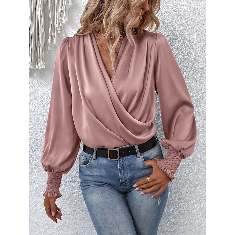 Women's Shirt Elegant Dressy Satin Solid Color Business Modern Casual Long Sleeve V Neck Regular Tops Work Formal Wear Ruched Black Pink Summer Spring2