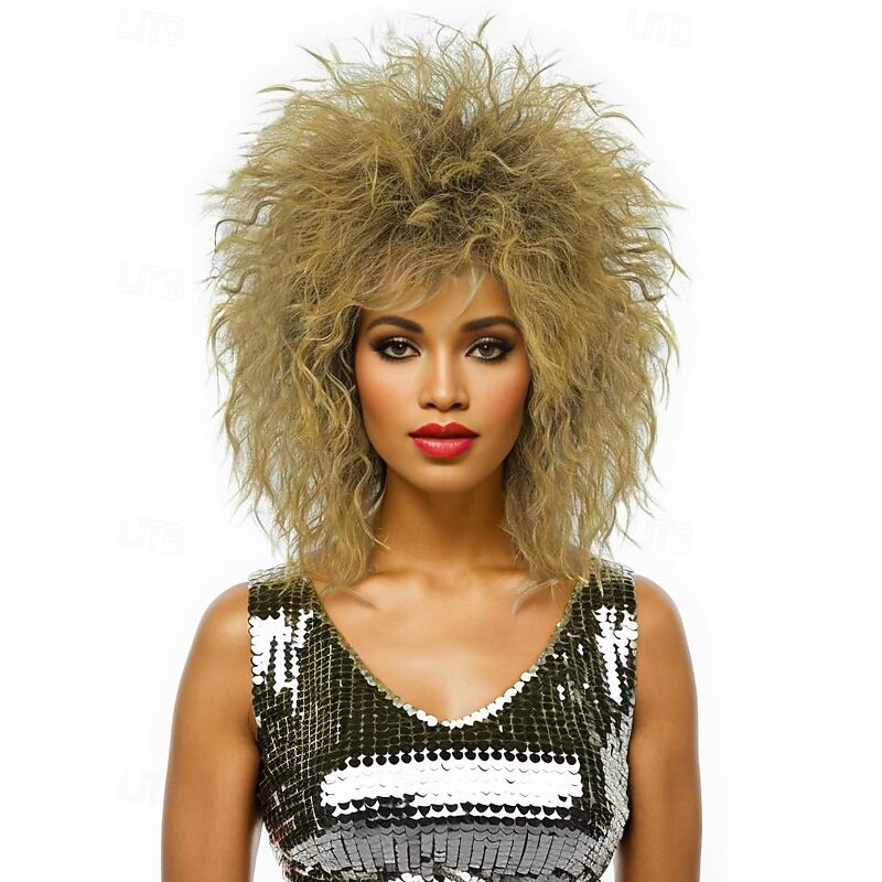 Short Blonde Curly Wig Mullet Blonde Brown Wig with Dark Roots 70s 80s Rocker Wig Two Tone Layered Wig Cosplay Costume Wigs Women Men For Carvinal Halloween Wigs