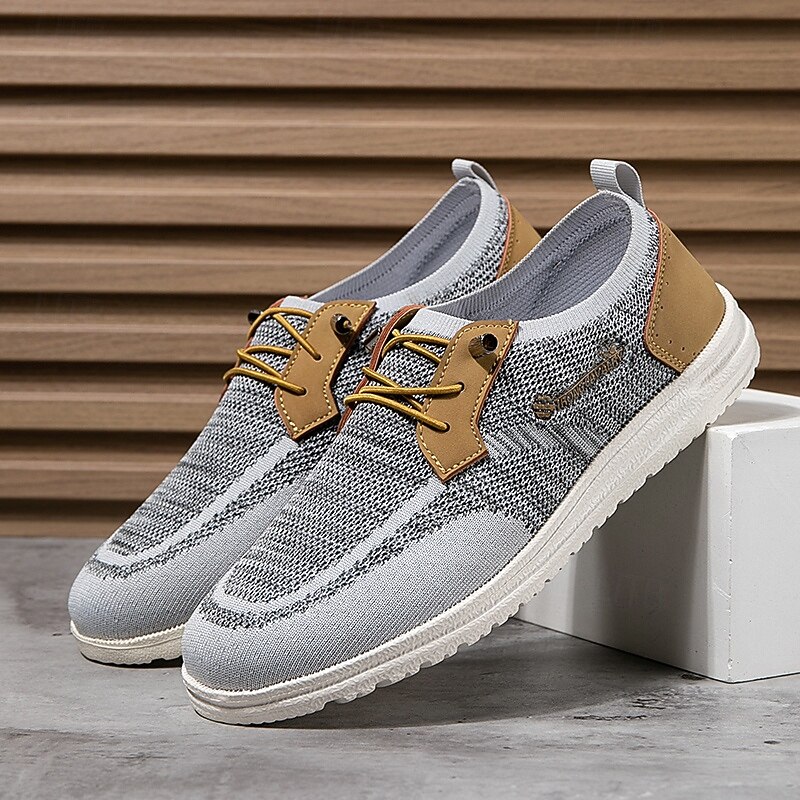 Men's Grey Knit Sport Shoes with Leather Accents and Lace-Up Design – Comfortable Casual & Outdoor Footwear4