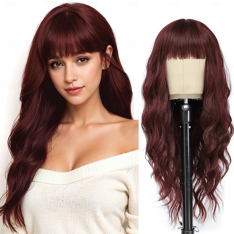 Wig with Bangs Long Wigs for Women, Natural Looking Hair Wig Curly Wavy wig, Heat Resistant Synthetic Wig for Halloween Cosplay Constume