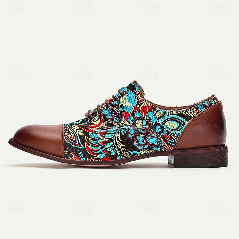 Men's Brown Faux Leather Oxford Shoes with Colorful Paisley Pattern | Comfortable and Stylish for Casual Outings4