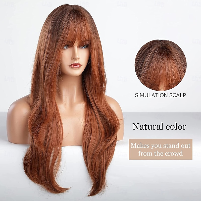 Long Wavy Ginger Wig with Bangs Red Brown Auburn Wigs for Women Heat Resistant Synthetic Fiber for Daily Party Use2