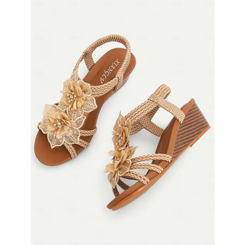 Women's Brown Bohemian-Style  Woven Wedge Sandals with Floral Embellishments - Comfortable Summer Sandals for Beach and Casual Outings3