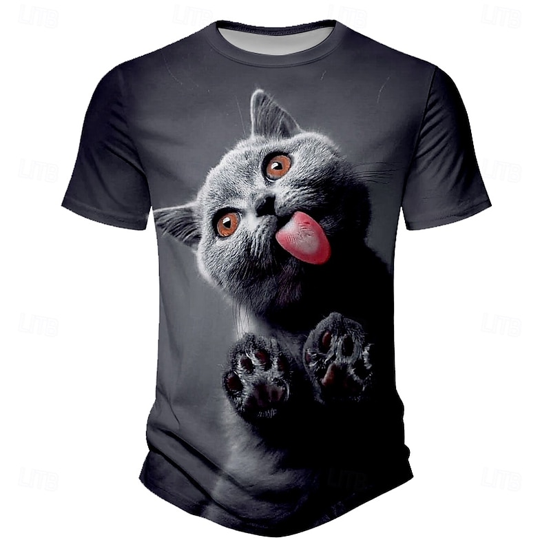 Men's Cat Funny T Shirt Short Sleeve T shirt 3D Print Crew Neck Shirt Exaggerated Designer Party Holiday Black Summer Spring Clothing Apparel S M L XL XXL XXXL