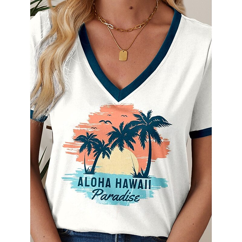Women's T Shirt Letter Stylish Casual Short Sleeve V Neck Regular Tops Daily Print White Summer3