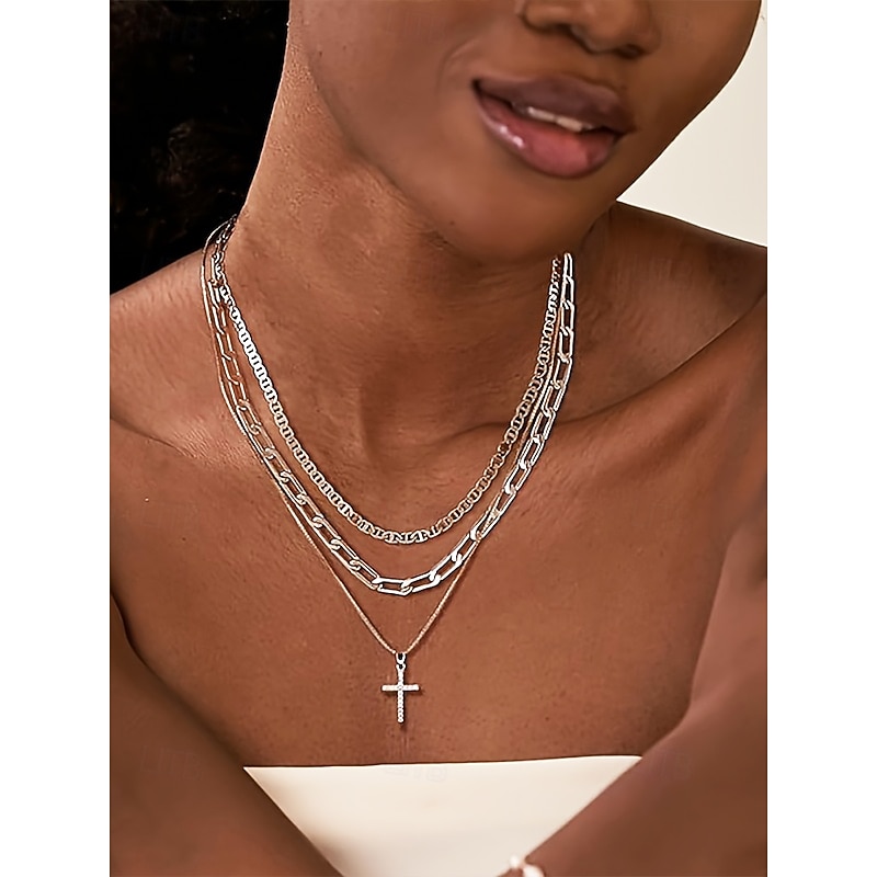 Layered Gold Chain Necklace Set with Cross Pendant and Simulated Rhinestone Accents – Fashionable Jewelry for Women, Perfect for Parties, Everyday Wear, and Special Occasions2