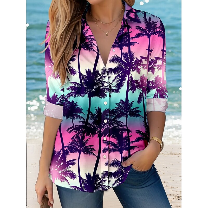 Women's Shirt Button Down Tunic Shirt Collar Long Sleeve Hawaiian Casual Ombre Regular Tops s Print Regular Fit Work Daily Purple Holiday Clothes Beach Wear3