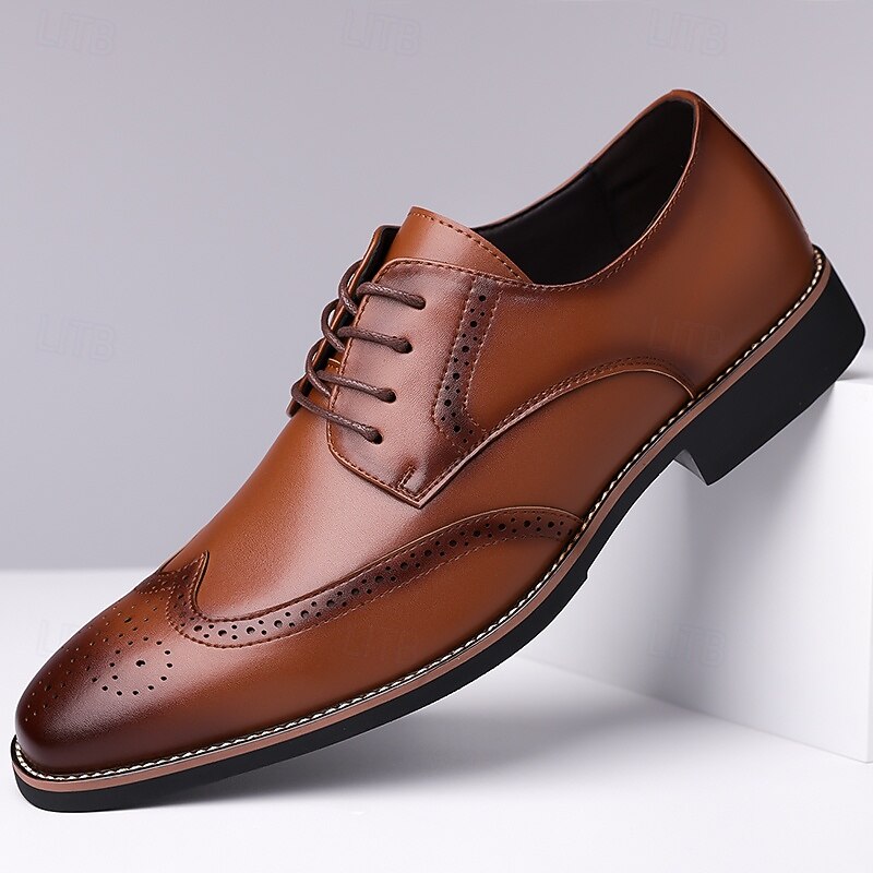 Men's Classic Brown Wingtip Oxford Shoes – Faux Leather  Brogue Lace-Up Dress Shoes for Business and Formal Occasions