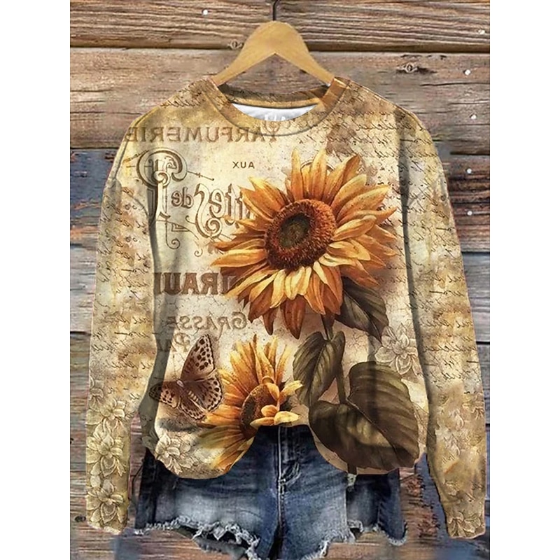 Women's Hoodies Floral Casual Long Sleeve Hoodie Regular Tops Print Khaki Fall Winter