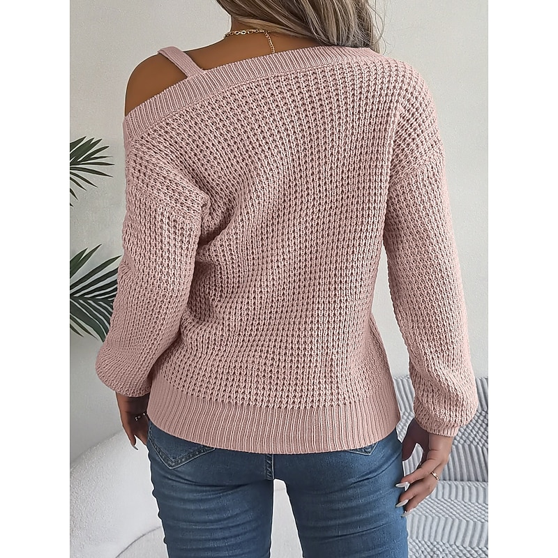 Women's Sweater Casual Soft Pure Color Chunky One Shoulder Knitted Long Sleeve Regular Tops Knit Outdoor Daily Weekend White Pink Fall Winter3