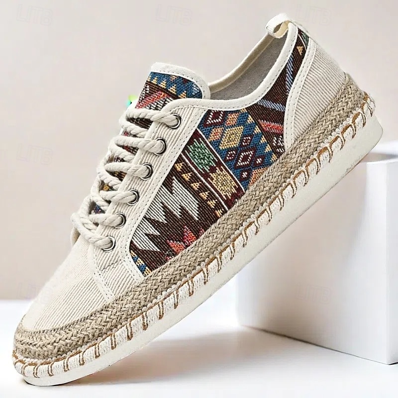 Men's Casual Canvas Sneakers with Tribal Print and Jute Rope Sole – Comfortable Everyday Footwear