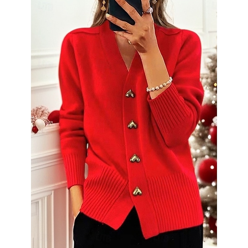 Women's Sweater Coat Dailywear Buttons Solid Color Windproof Vintage Outerwear Long Sleeve Summer Red S2