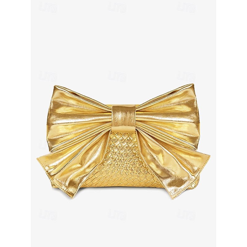 Women's Gold Faux Leather Clutch Bag with Oversized Bow Design, Textured Finish, Perfect for Evening Parties, Weddings, and Formal Events Silver Black Gold