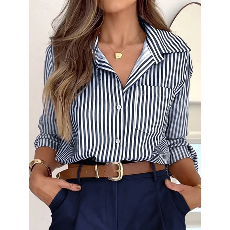 Women's Shirt Blouse Striped Casual Long Sleeve Shirt Collar Regular Tops Daily Buttons Print Pink Navy Blue Summer Spring - Main Image