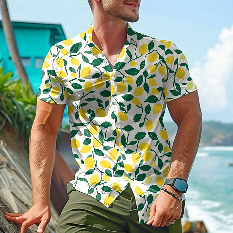 Men's Fruit Palm Leaf Casual Shirt Summer Hawaiian Shirt Aloha Shirt Short Sleeve Hawaiian Casual Resort Vacation Causal Casual Summer Spring Turndown Button Up Yellow3