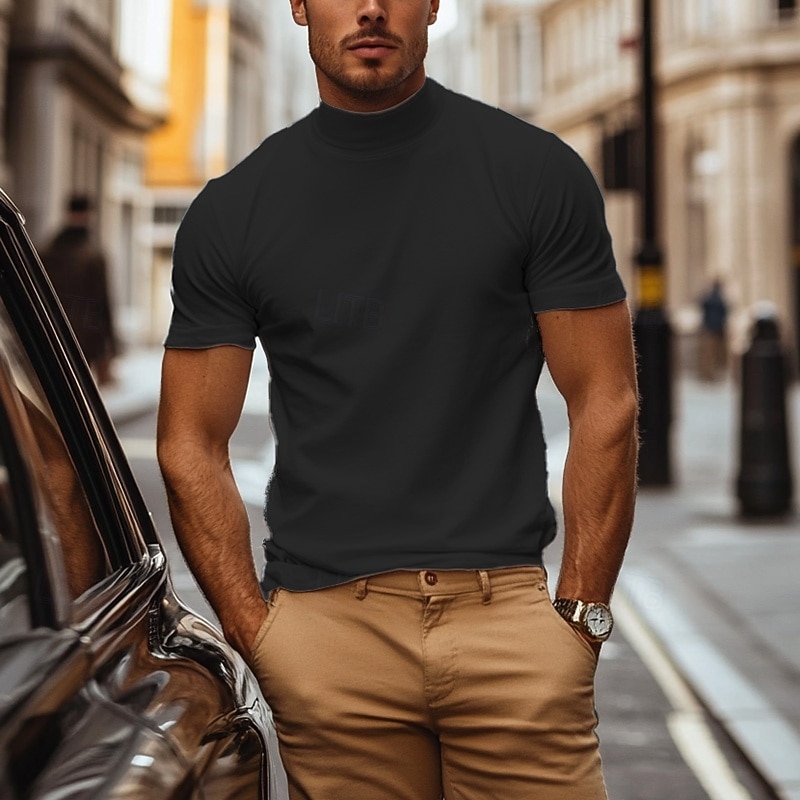 Men's T Shirt Turtleneck shirt Short Sleeve Stand Collar Summer Spring Plain Fashion Casual Comfortable Classic Style Vacation Street Holiday Black Gray Green Top Tee for Men3