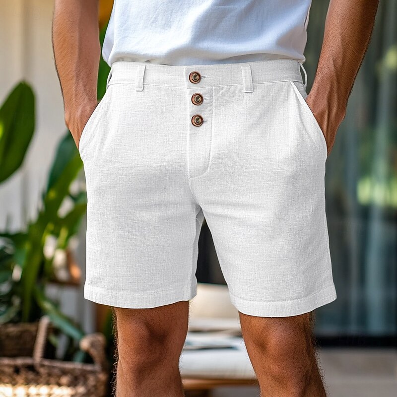 Men's Shorts Linen Shorts Summer Shorts Buttons Pocket Straight Leg Plain Comfort Breathable Short Home Simple Classic Style Black White2